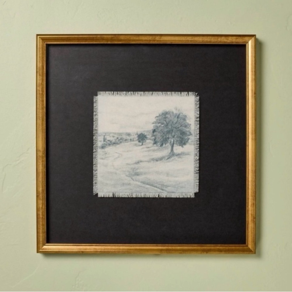 Hearth & Hand Square Fringed Landscape Art -Black Mat & Gold Frame 18x18 NWT